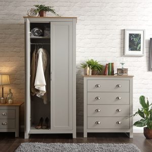 Lancaster 3 piece bedroom set in grey. Includes 2 door wardrobe, bedside lamp table and 4 drawer chest
